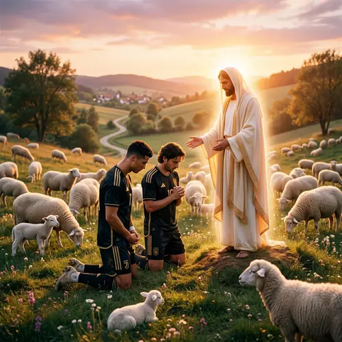 Soccer Players Reverently Kneeling Before Divine Figure