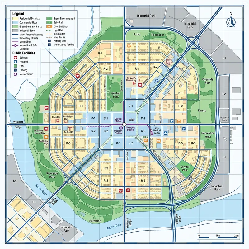 City Zone Urban Planning Map: Residential, Commercial, Parks & Infrastructure City Zone Urban Planning Map: Residential, Commercial, Parks & Infrastructure