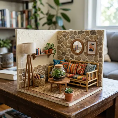 Chic Bamboo Living Room Model with Terrarium