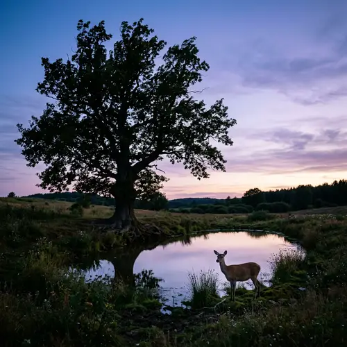 Tranquil Dusk Landscape with Ancient Tree and Serene Deer