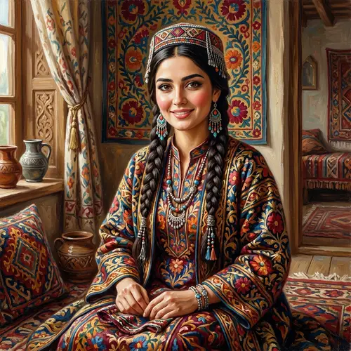 Tajik Woman Portrait in Traditional Dress | Vivid Oil Painting