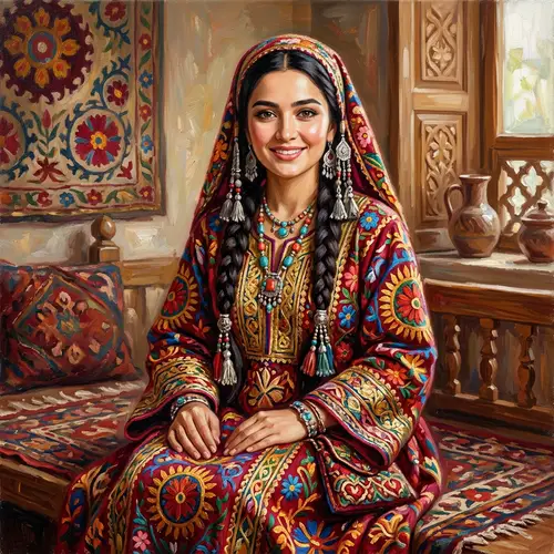 Tajik Woman Oil Painting | Traditional Attire & Braids