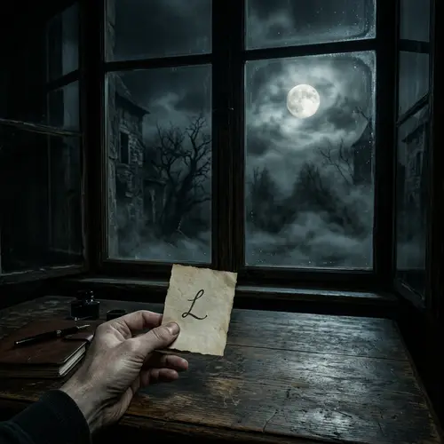 Dark Moonlit Scene with 'L' on Paper - Eerie Artwork