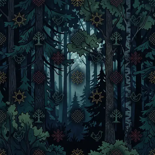 Slavic Artistry Wallpaper: Dark Forest with Traditional Symbols