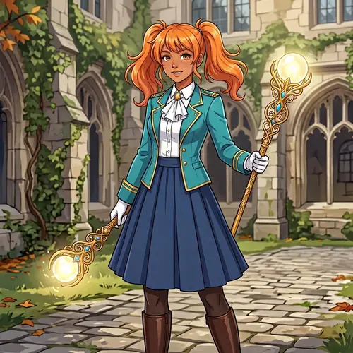 Young Woman with Orange Hair in Turquoise Suit and Golden Staff