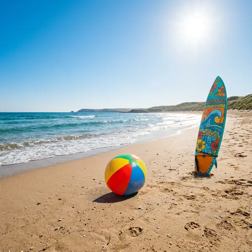 Tranquil Summer Beach Scene: Ball, Surfboard, Sun, Blue Sky