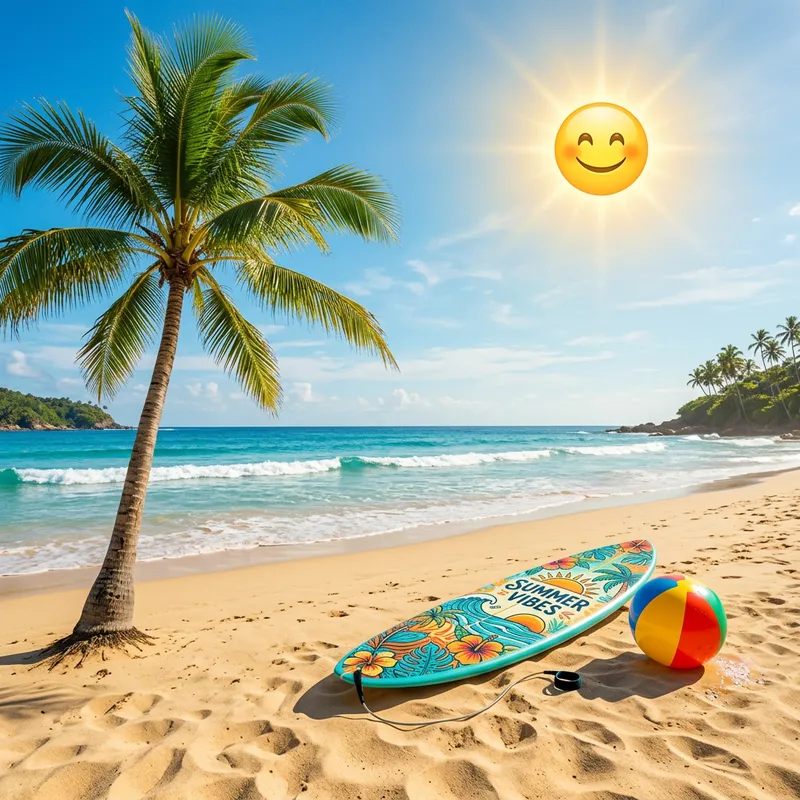 Serene Summer Beach with Ball, Surfboard & Coconut Tree