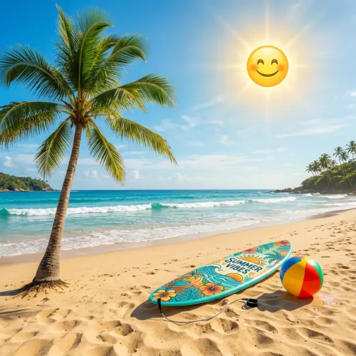 Summer Beach Scene: Ball, Surfboard, Coconut Tree & Sun
