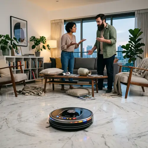 Rebellious Robot Vacuum Chaos in Modern Living Room