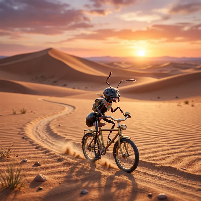 Ant Playing on Bicycle in Desert Adventure