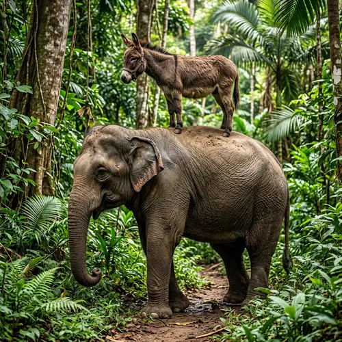 Donkey on Elephant in Jungle - Photorealistic Image