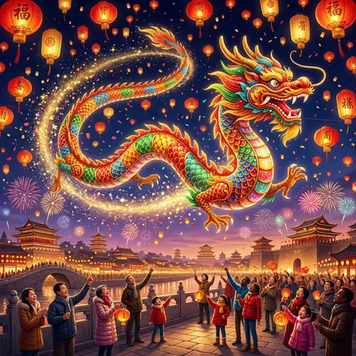 Colorful Chinese New Year Dragon Dancing in Sky - Festive Celebration