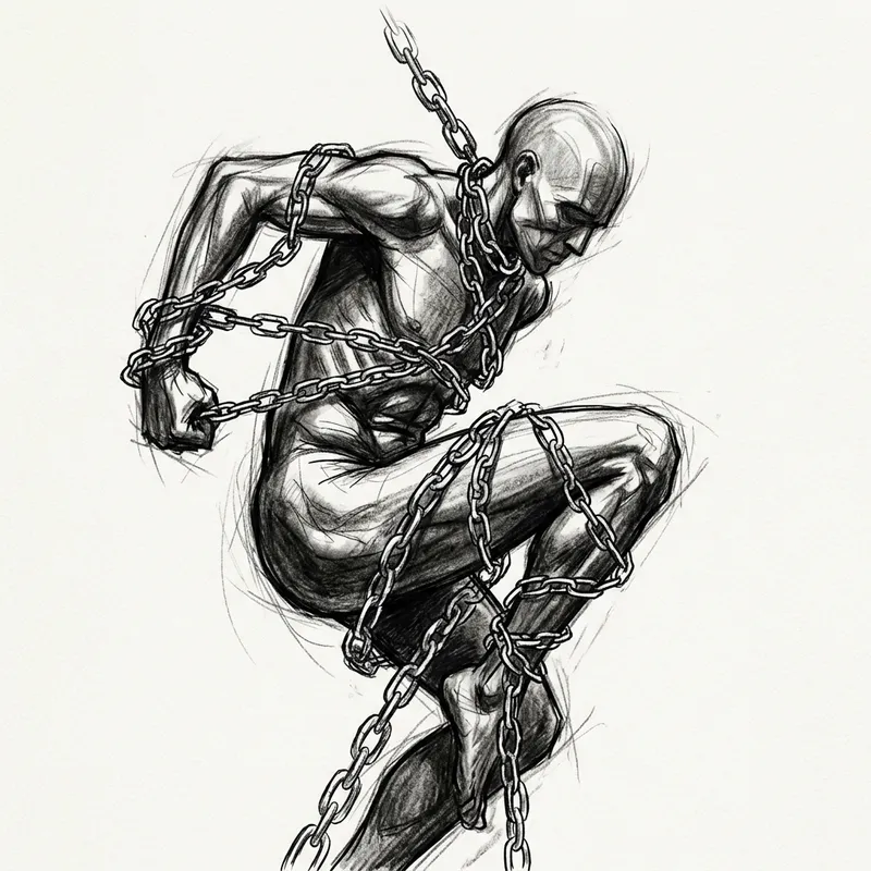 Body Ensnared in Metal Chains - Abstract Art Drawing