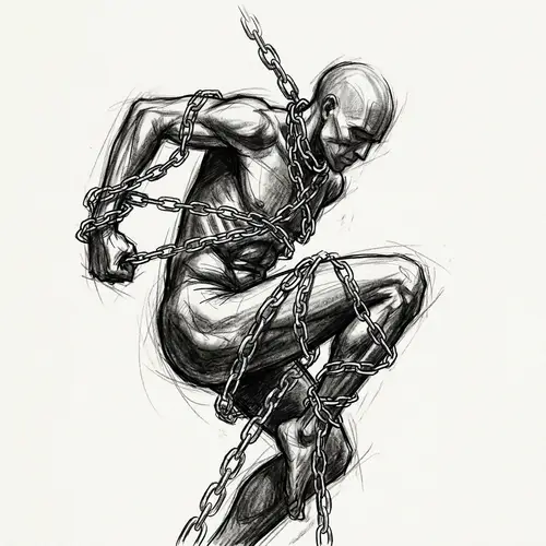 Abstract Art Drawing of Human Form Entangled in Metallic Chains
