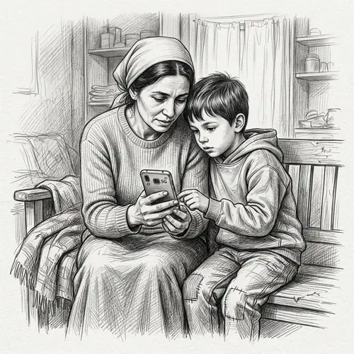 Realistic Pencil Drawing of a Mom and Kid with 5G