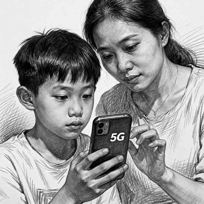 Realistic Pencil Drawing of a Mom and Kid with 5G