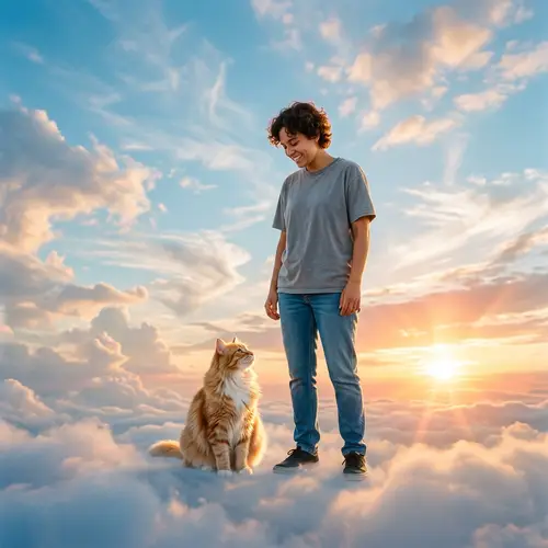 Sky Stroll with Fluffy Cat - Dreamy and Magical Scene
