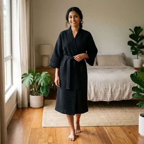 Black Kimono Robe in Embossed Waffle Fabric | 3/4 Sleeves | Midi Length