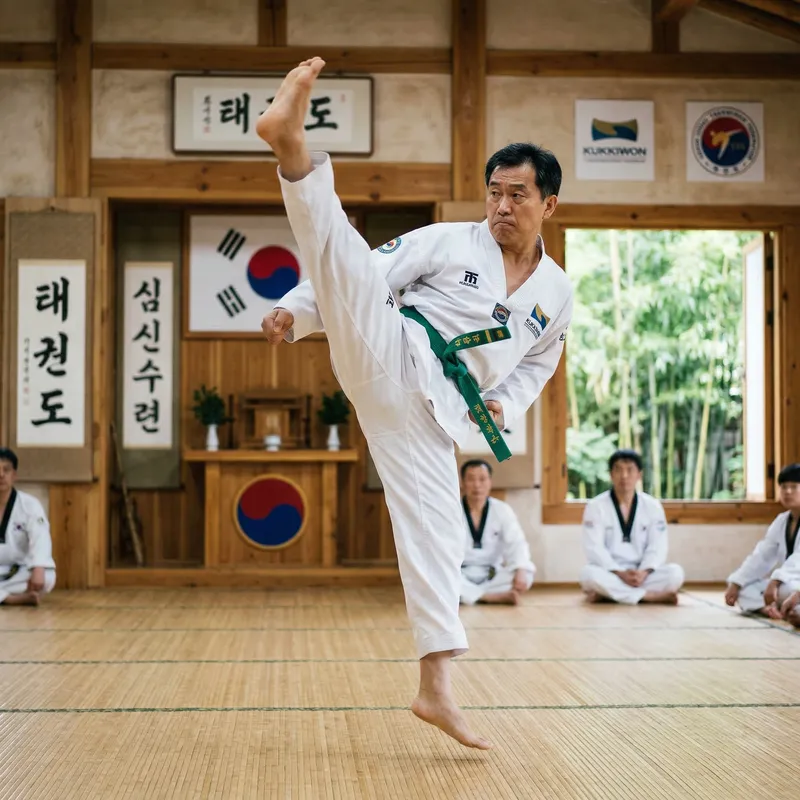 Mastering Taekwondo: A High Kick in a Traditional Dojo