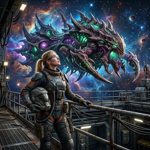 Futuristic Space Suit Watching Alien Spaceship - Sci-Fi Scene