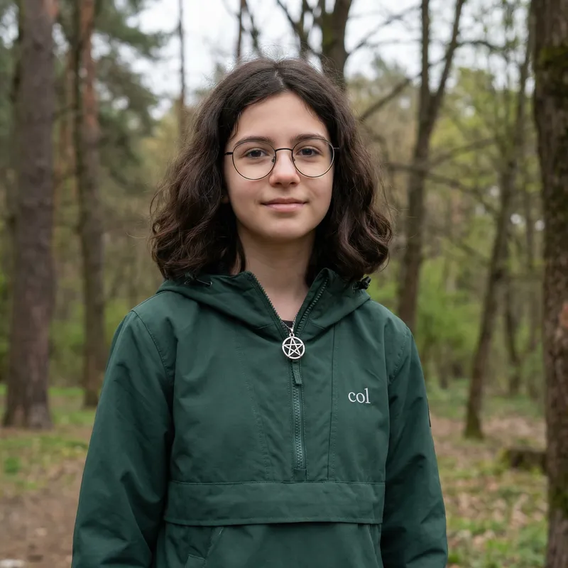 Dark Brown Hair Girl with Wavy Ends and Round Glasses