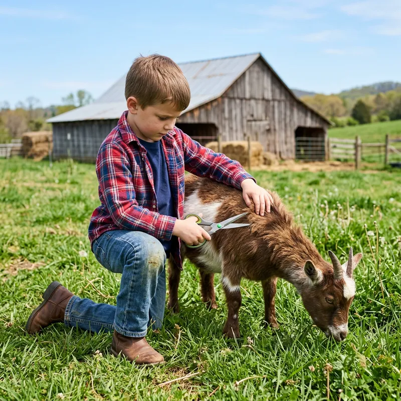 Young Boy Gently Shearing Goat in Peaceful Farm Scene