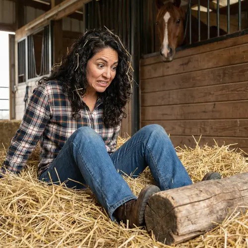 Hispanic Woman Surprised by Landing in Hay | Disbelief Expression