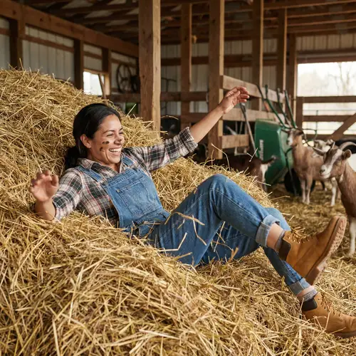 Hispanic Woman Comically Slips into Hay at Barn