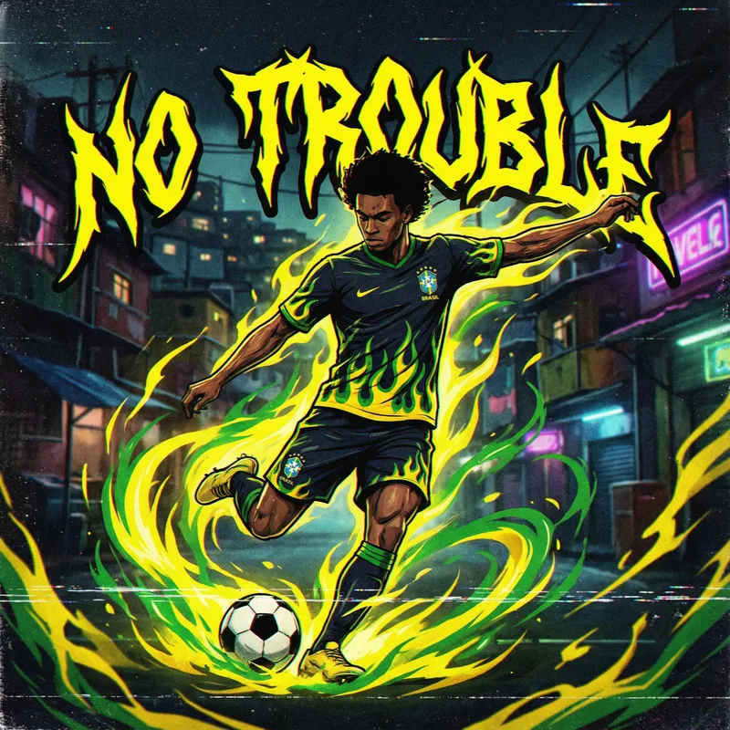 Brazilian Phonk Football Art with 'No Trouble' Text