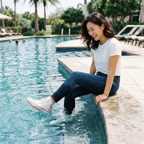Joyful Korean Woman by Poolside - Trendy Summer Vibes