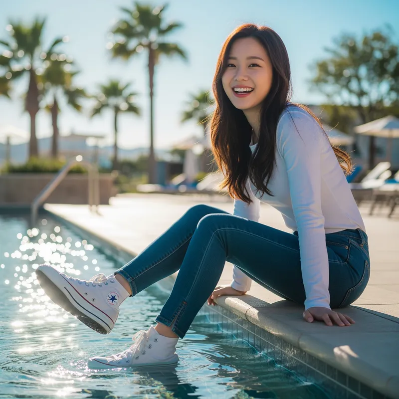 Joyful Korean Woman by Poolside - Trendy Summer Vibes