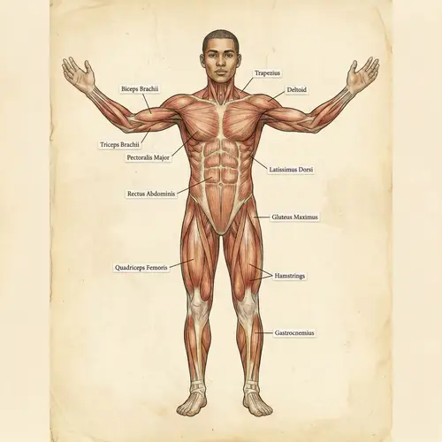 Complete Human Anatomy Illustration with Labeled Muscles