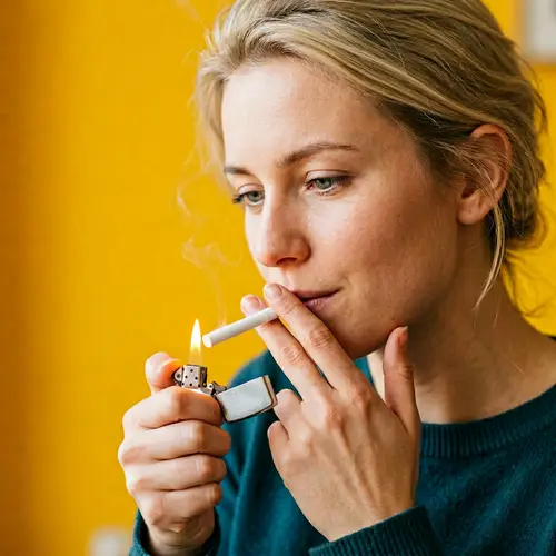Hyperrealistic Portrait of Caucasian Woman Lighting a Cigarette