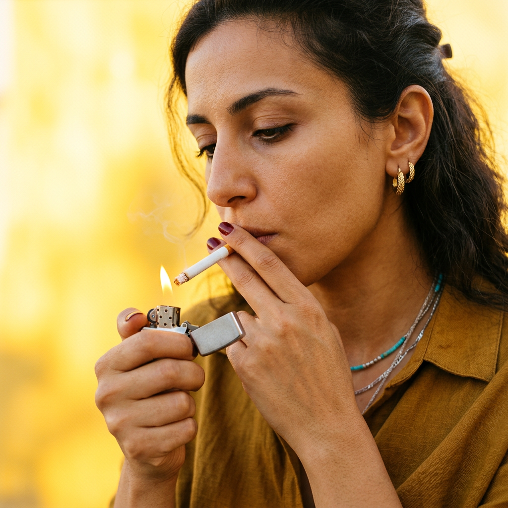ai smoking cigarette Woman Lighting Cigarette - Bright Hyperrealistic Close-Up | AI Art  Generator