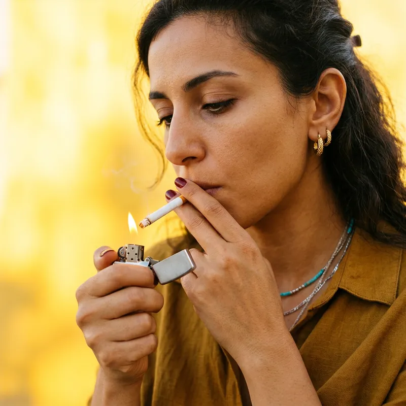Woman Lighting Cigarette - Bright Hyperrealistic Close-Up