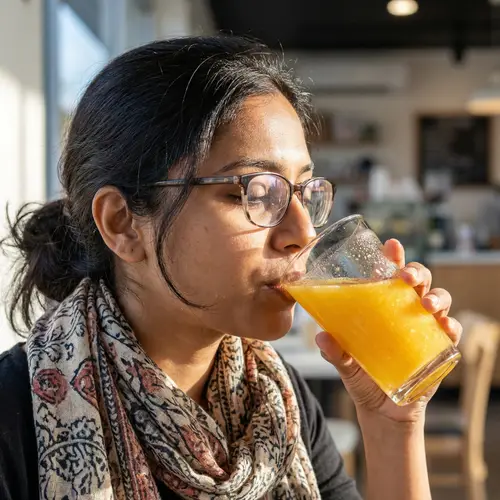 Hyper-Realistic 4K South Asian Woman Drinking Orange Juice
