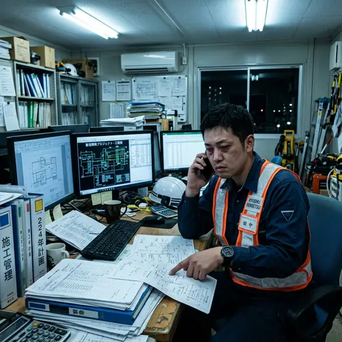 Overworked Japanese Construction Manager at Night