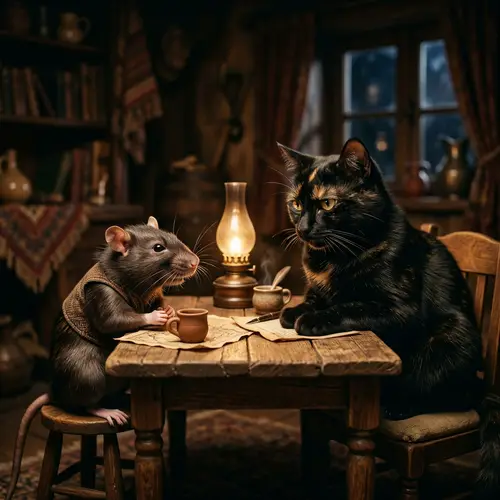 Serious Conversation Between Hispanic Rat and Middle-Eastern Cat