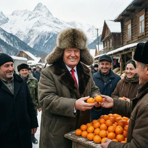 Trump in the Mountains with a Ushanka and Mandarins