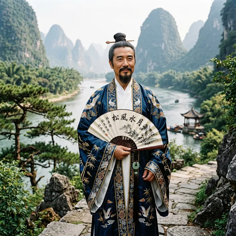 Ancient Chinese Man in Traditional Attire with Fan