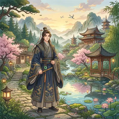 Young Man in Traditional Chinese Attire - Animated Ancient Landscape
