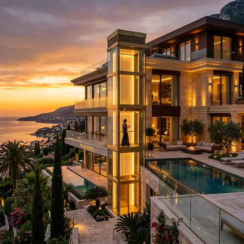 Luxurious Villa with Elevator in Golden Glow