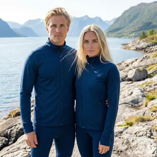 Nordic Couple with Blonde Hair and Blue Eyes in Form-Fitting Blue Outfits