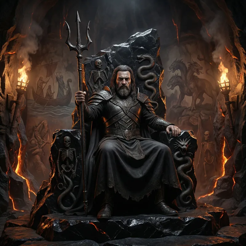 Hades, Underworld Ruler, Holding Poseidon's Trident on Throne