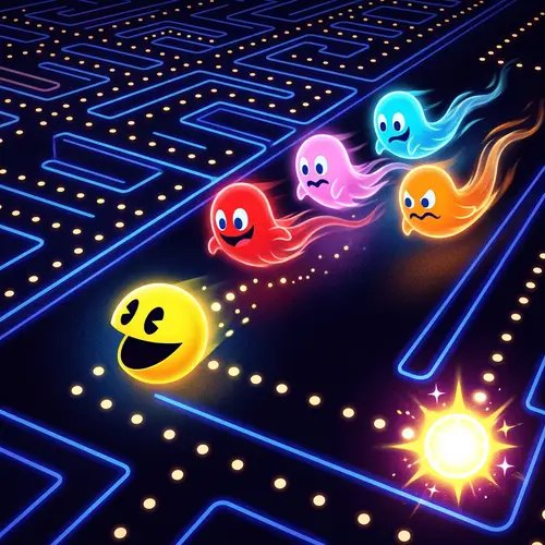 Playful Pacman Adventure in a Dark Maze with Ghosts