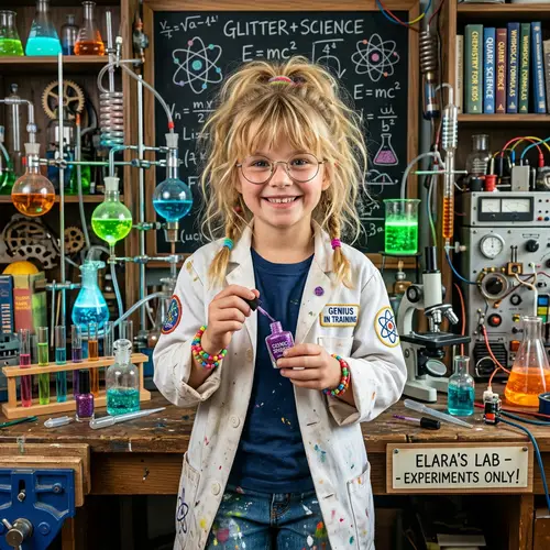 Whimsical Girl Genius in Blonde Hair with Nail Polish in Laboratory