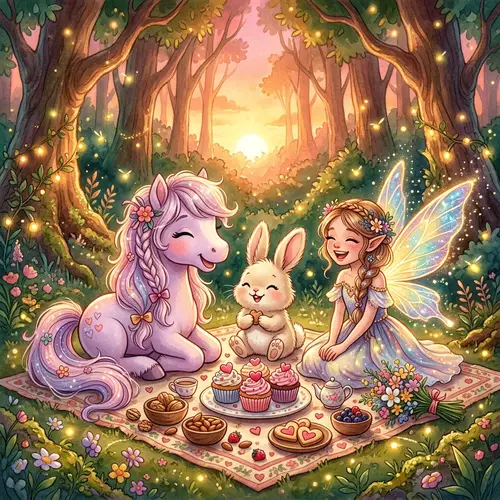 Enchanting Forest Scene with Pony, Bunny, and Fairy