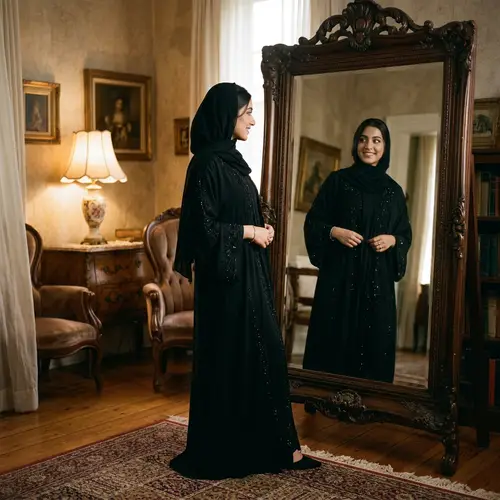 Beautiful Girl Admiring Black Abaya | Elegant Mirror Scene