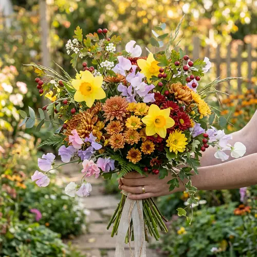 Chrysanthemum, Hawthorn, Sweet Pea & Daffodil Bouquet