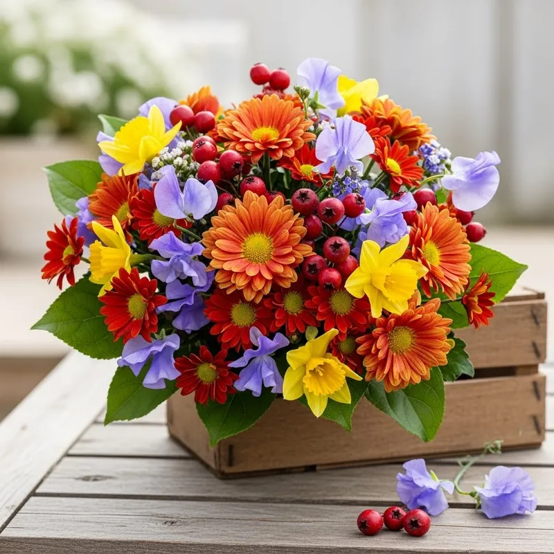 Chrysanthemum, Hawthorn, Sweet Pea & Daffodil Bouquet